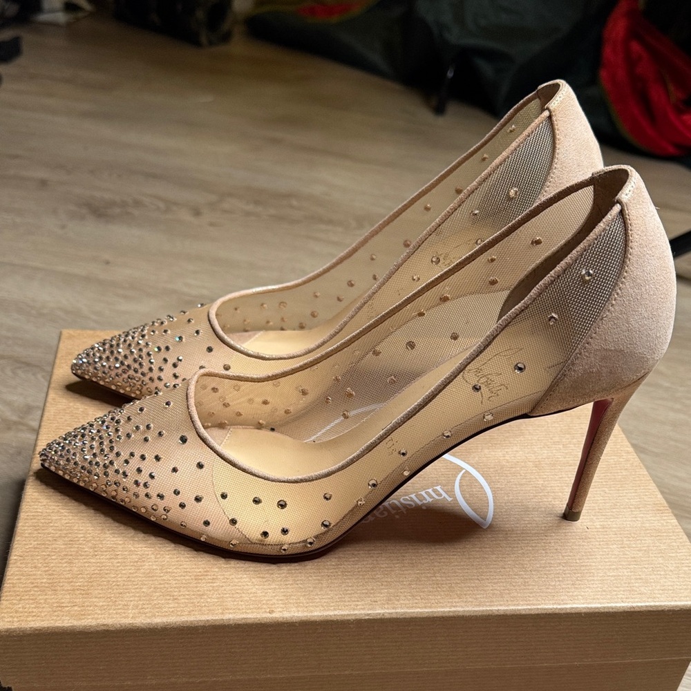Christian Louboutin Follies Strass 85 | Nude Suede Lame | Worn Once - Picture 4 of 11